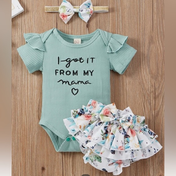 🧨NEW Baby Graphic Bodysuit & Floral, Ruffle Bloomers & headband. 6-9 mos - Picture 7 of 12
